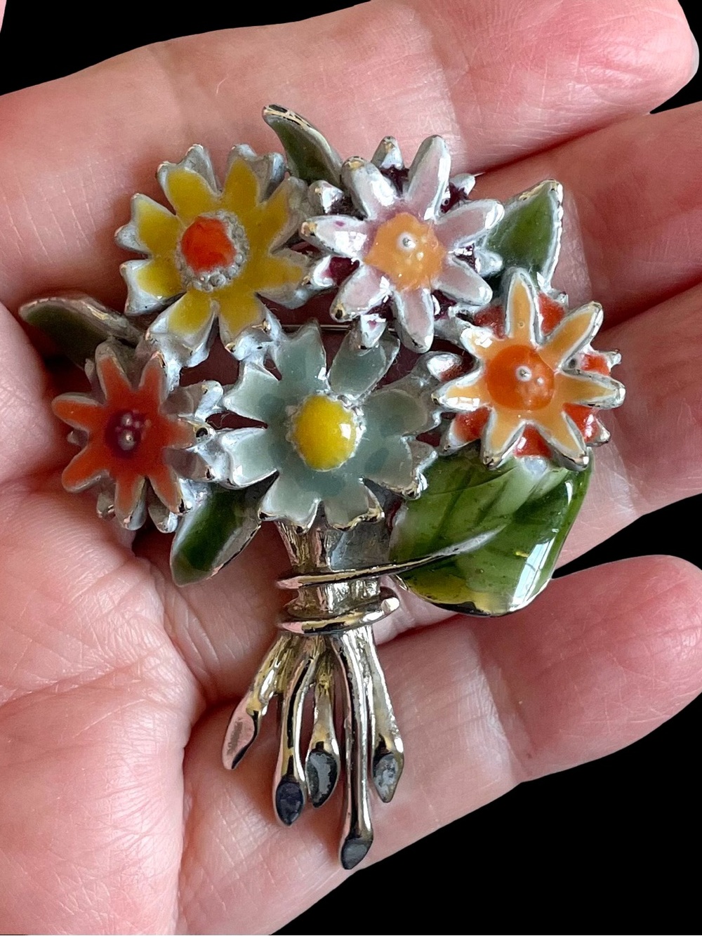 Mid-Century Enameled Flower Bouquet Brooch